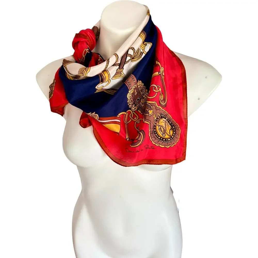 Vintage Oscar de la Renta 1980's Silk Chiffon Equestrian Bit Chain Scarf 30 x 30